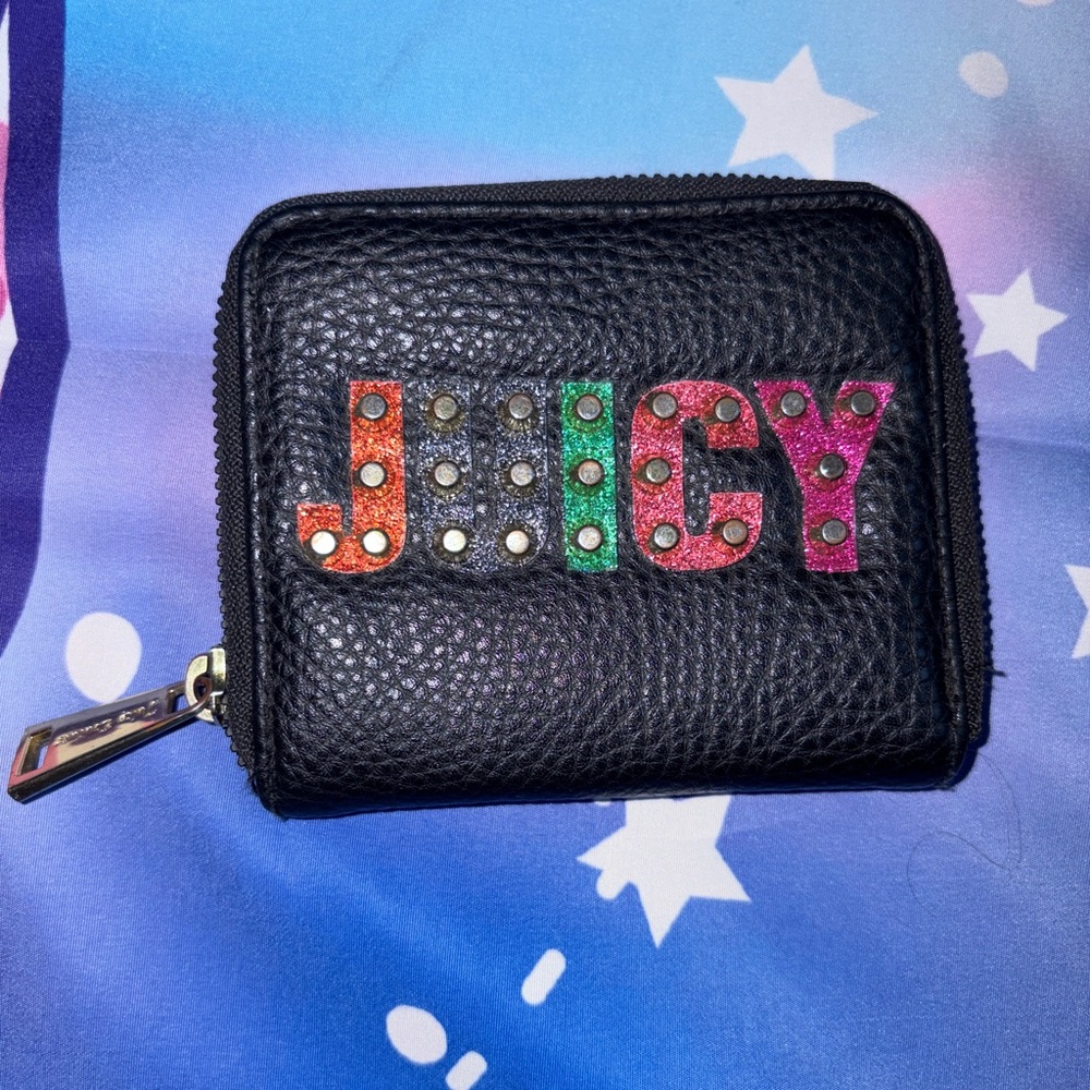 Juicy Couture Black Pebbled Zip Coin Wallet with Multicolor Stud Letters